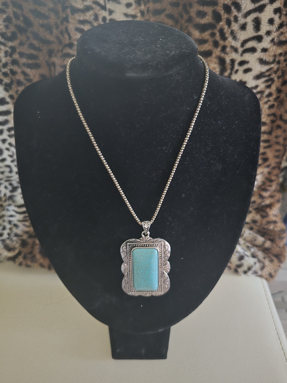 Turquoise Pendant Necklace - Silver-Tone Frame